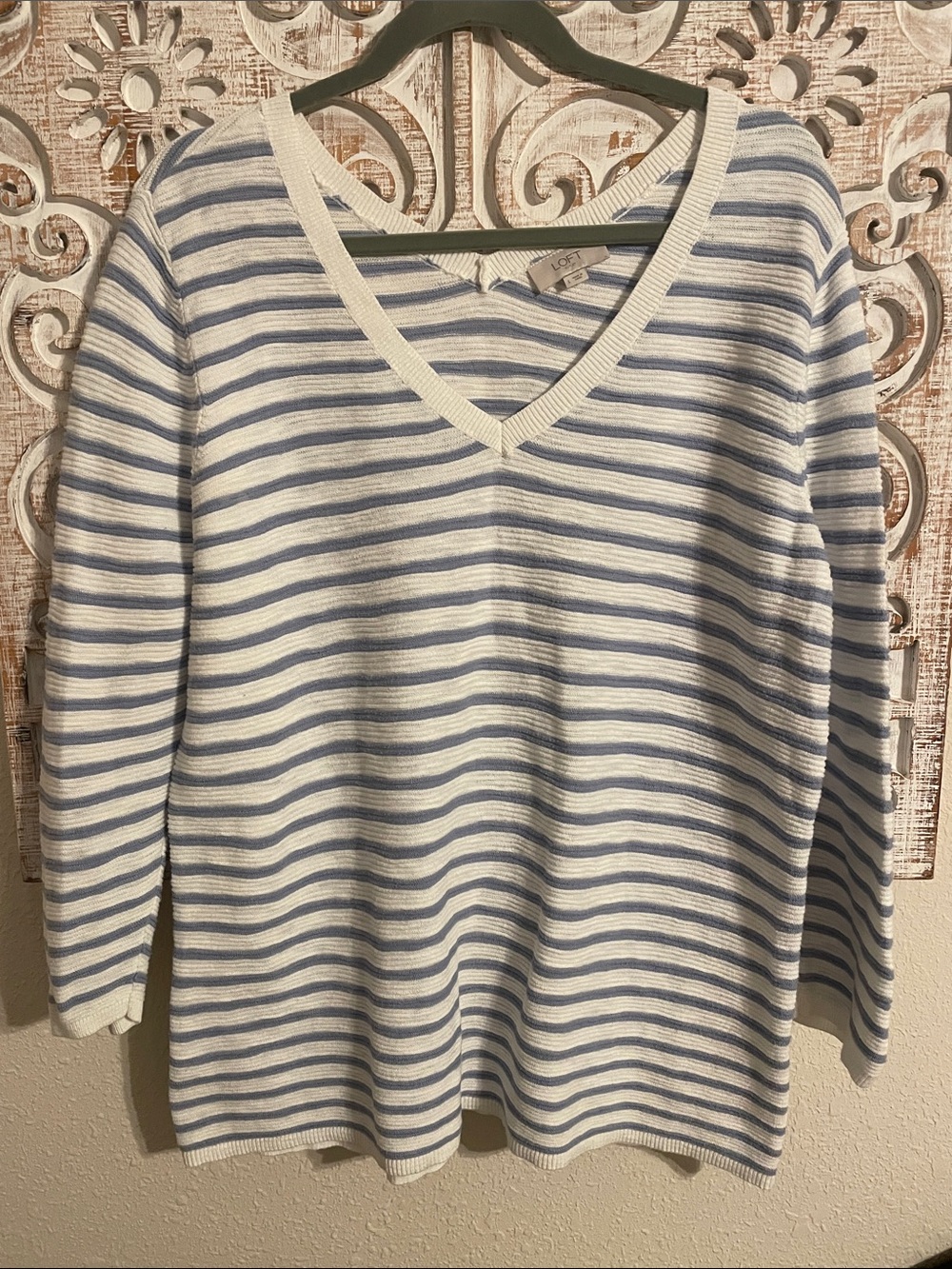 LOFT Blue and White Striped V-Neck Sweater